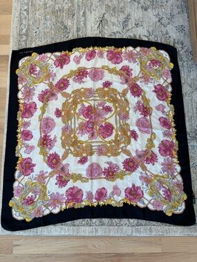 Italian Floral Pink & Gold Silk Square Scarf with Black Border.